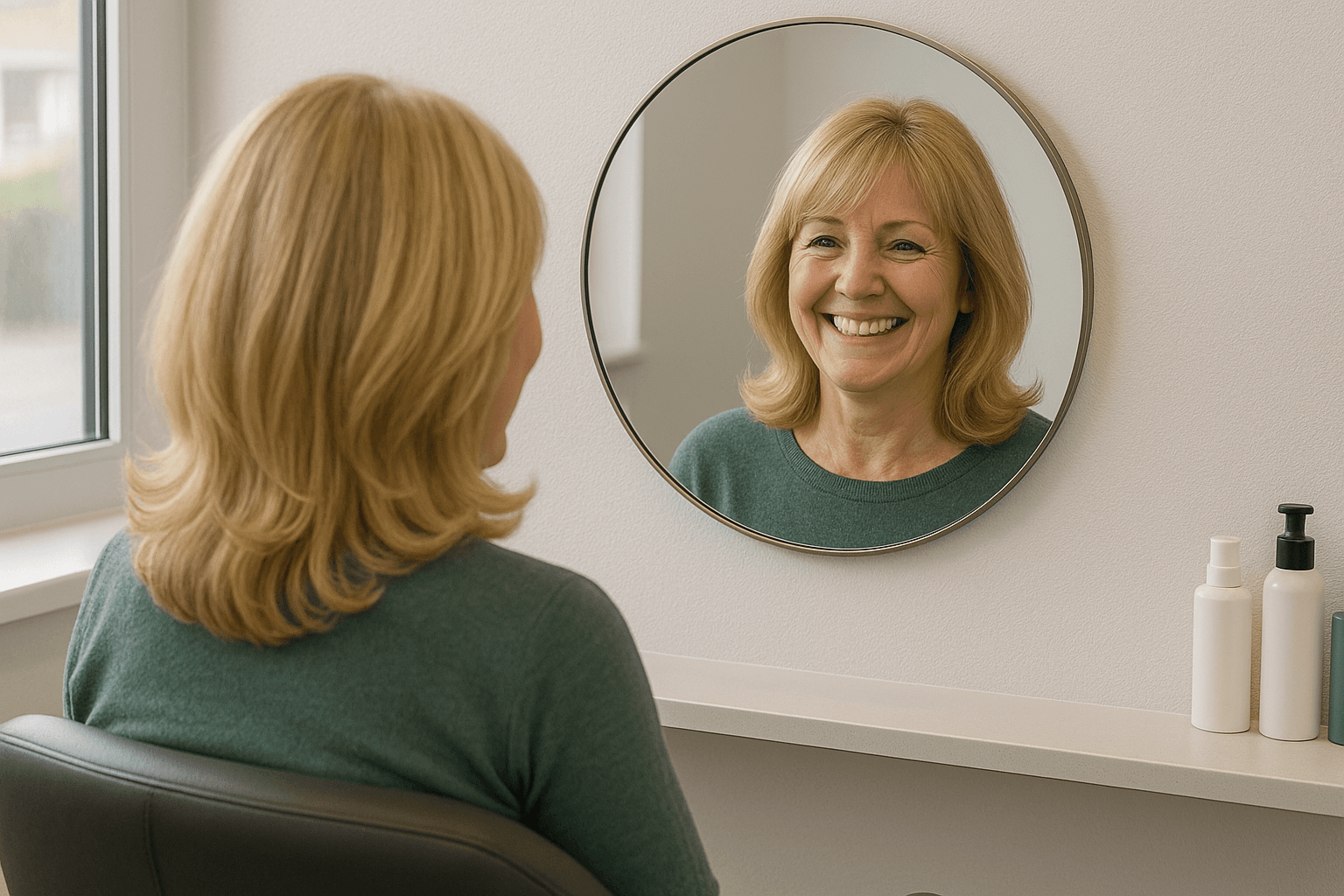 Smiling middle-aged woman admiring her reflection in a salon mirror after a natural wig fitting at The Classic Hair Company in Tilbury, Essex.