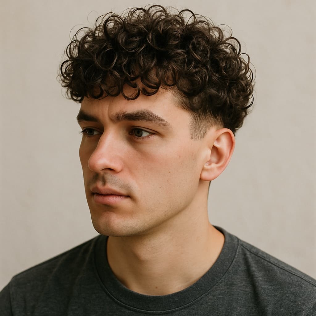 Man with defined curly hairstyle after professional top perm