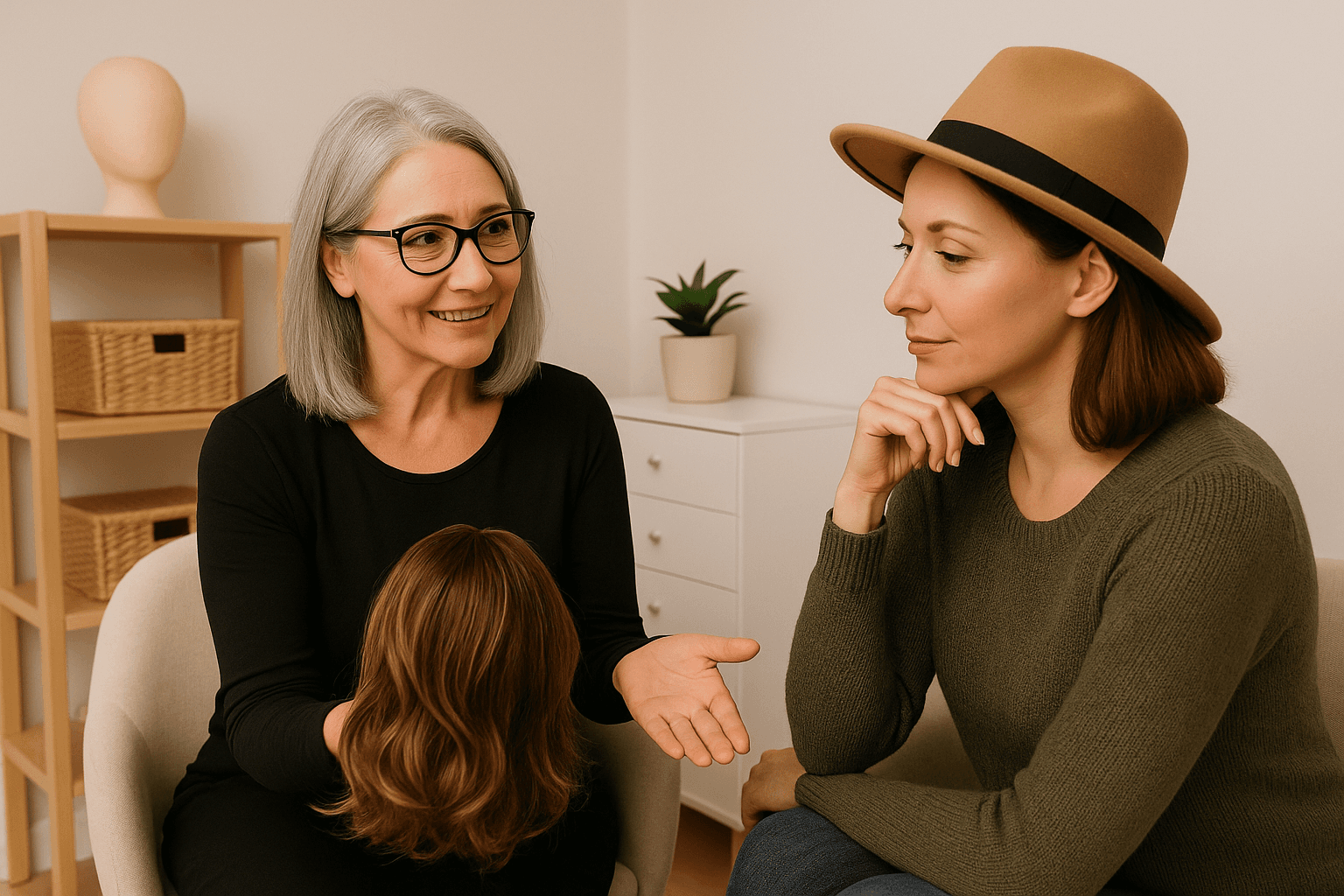 Mature stylist and female client in hat discussing wig options in private room