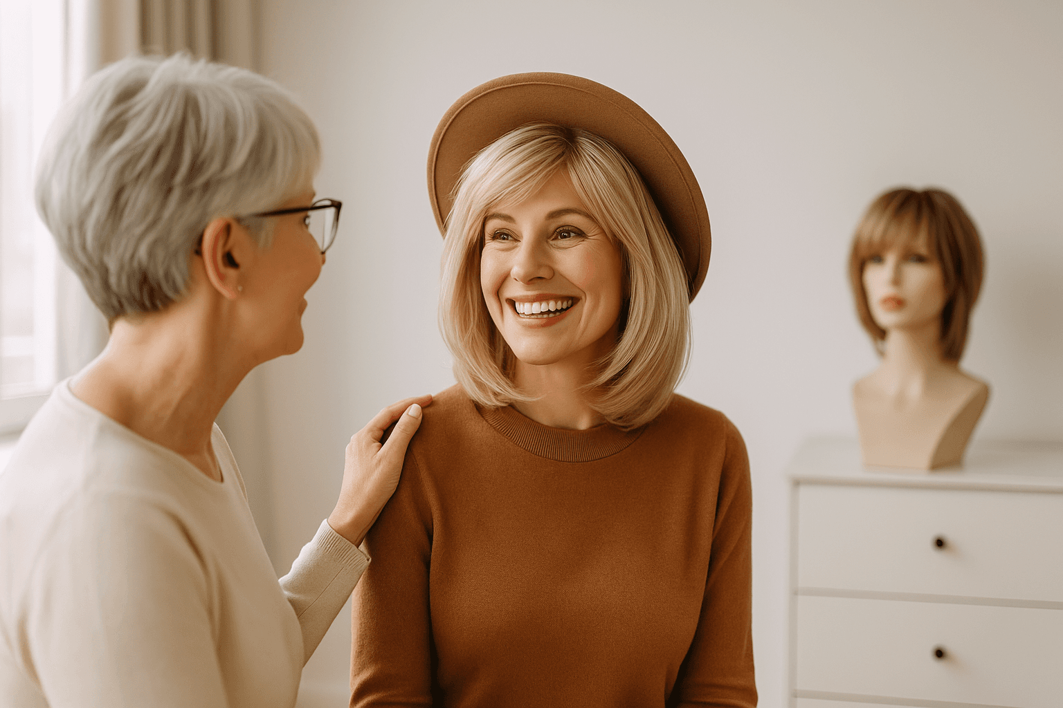 Happy client wearing new wig with supportive stylist in consultation room