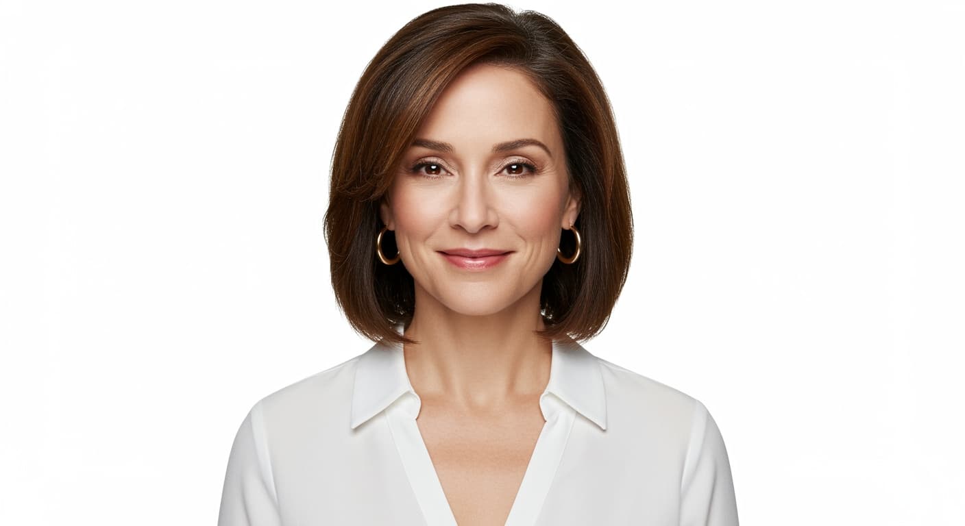 Professional headshot of a confident middle-aged woman with shoulder-length brown hair, wearing a white blouse and gold hoop earrings, smiling against a plain background.